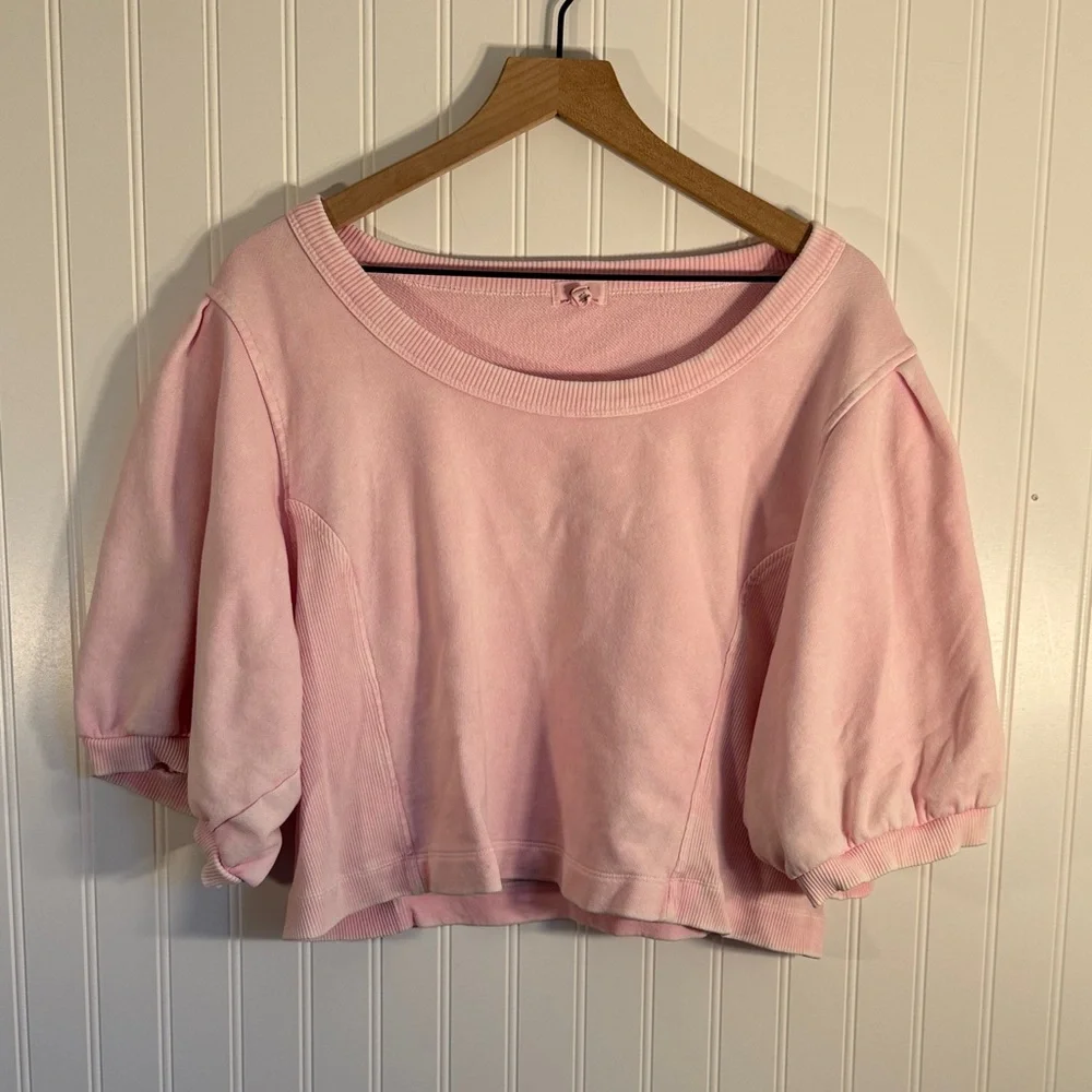 Aerie Seams Right Short Puff Sleeve Cropped Sweatshirt Light Pink Size XXL - Picture 2 of 10